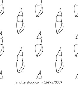 Sea shell, sketch style vector seamless pattern isolated on white background. Realistic hand drawing of saltwater seashell, clam, conch