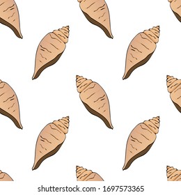 Sea shell, sketch style vector seamless pattern isolated on white background. Realistic hand drawing of saltwater seashell, clam, conch