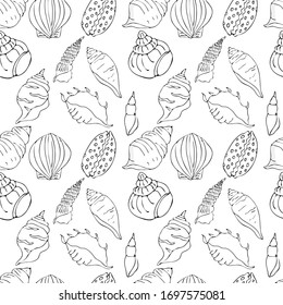 Sea shell, sketch style vector seamless pattern isolated on white background. Realistic hand drawing of saltwater seashell, clam, conch