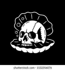 SEA SHELL WITH SKULL WHITE BLACK BACKGROUND