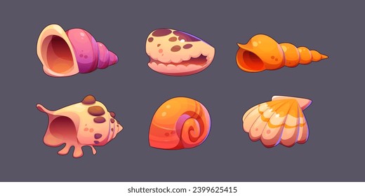 Sea shell and snail conch game icons. Cartoon vector illustration set of cute marine underwater seashell for game ui design. collection of bright nautical or aquarium horned, spiral and scallop clam.