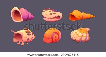 Sea shell and snail conch game icons. Cartoon vector illustration set of cute marine underwater seashell for game ui design. collection of bright nautical or aquarium horned, spiral and scallop clam.