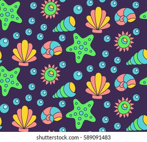 Sea shell star fish water sea ocean cute seamless vector pattern