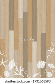 Sea shell, starfish, coral and bubble water on wooden background for decoration on summer holiday.