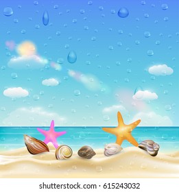 sea shell and starfish  on a sand beach  with water drop on screen