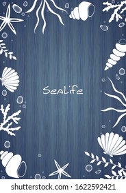 Sea shell, starfish, seaweed, coral and bubble water on wooden vector background for decoration on summer season festival.
