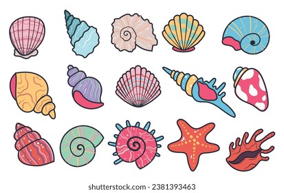 Sea shell starfish snail seashell crustacean ocean life isolated set. Vector graphic design element illustration