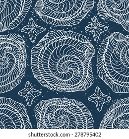 Sea shell and stars with sea drops seamless pattern on dark blue.