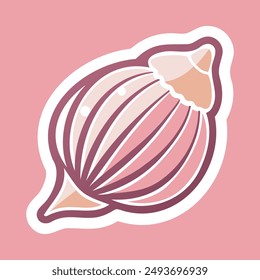 Sea shell sticker with white outline. Vector illustration