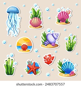 Sea shell stickers set. Summer vector icon sticker set