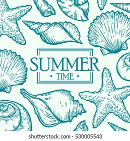 Sea shell summer time marine vector hand drawn template packaging food, drink, menu label, banner poster identity, branding. Stylish design with sketch illustration of seashell summer ocean sketch