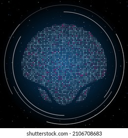Das Muschelsymbol mit weißen Punkten. Pointillismus-Stil. Einige Punkte sind rosa. Vektorgrafik auf blauem Hintergrund mit Sternen
