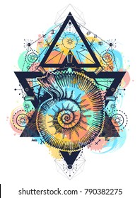 Sea shell tattoo water color splashes. Symbol of a storm and calm, silence and noise. Alchemy, medieval religion, occultism style  