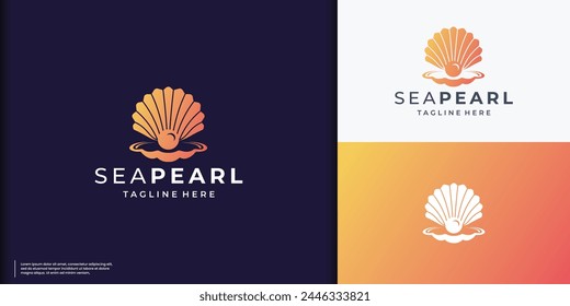 Sea shell vector logotype. Opened shell with orange color inside. Great logo for beauty shop, see food restaurant, jewelry, cosmetics.