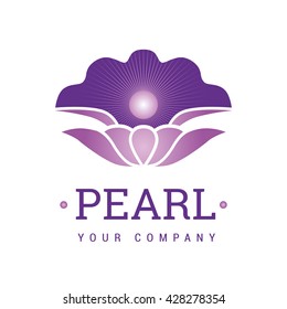 Sea shell vector logotype. Opened shell with purple inside. Great logo for beauty shop, see food restaurant, jewelry, cosmetics.