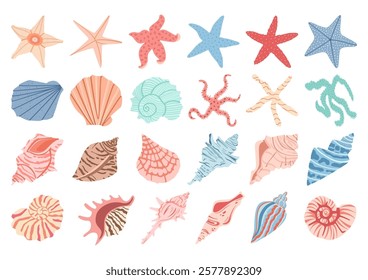 Sea shell vector set. Ocean exotic underwater seashell conch aquatic mollusk, sea spiral snail collection. Tropical beach shells. Modern flat style isolated on white background. 