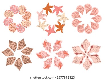 Sea shell vector set. Ocean exotic underwater seashell conch aquatic mollusk, sea spiral snail collection. Tropical beach shells. Modern flat style isolated on white background. 