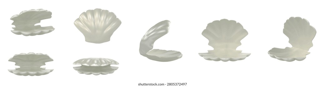 Sea shell vector set with open and semi-open scallop clam shells. 3D cartoon plasticine style shown from various angles. Isolated render for underwater, marine and under the sea projects.
