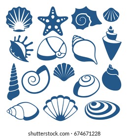 Sea shell vector silhouette icons. Sea shell spiral, illustration of sketch cockleshell