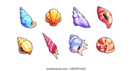 Sea shell and vessels game assets set. Cartoon vector illustration collection of cute marine underwater seashell for rpg gui design. Colorful nautical or aquarium horned, spiral and scallop conch.