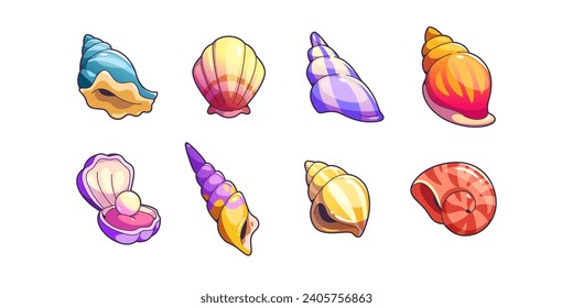 Sea shell and vessels game assets set. Cartoon vector illustration collection of cute marine underwater seashell for rpg gui design. Colorful nautical or aquarium spiral and scallop conch with pearl