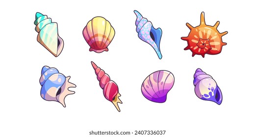 Sea shell and vessels game assets set. Cartoon vector illustration collection of cute marine underwater seashell for rpg gui design. Colorful nautical or aquarium horned, spiral and scallop conch.