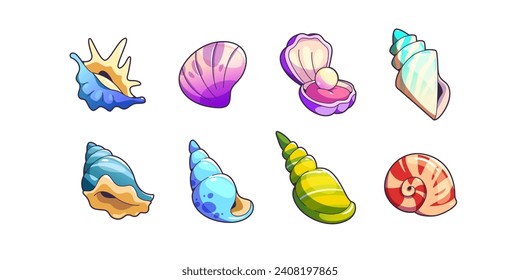 Sea shell and vessels game assets set. Cartoon vector illustration collection of cute marine underwater seashell for rpg gui design. Colorful nautical or aquarium horned, spiral and scallop conch.