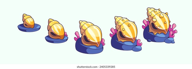 Sea shell and vessels game level rank ui design assets. Cartoon vector illustration collection of evolution stages of underwater seashell on stone with coral and algae. Marine or aquarium horned clam.