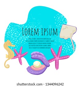 Sea shellfish logo - seashell with pearl, starfish, seahorse and ramp. Vector isolated objects on blue water background, with place for your text. An example of label design.