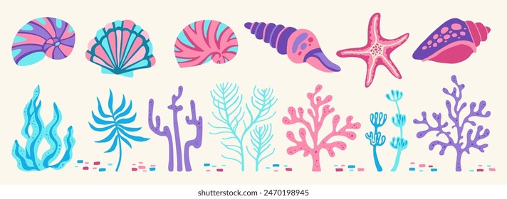 Conchas de mar, algas y corales dibujados a mano conjunto de dibujos animados. Elementos submarinos de fondo marino conchas y algas, estrellas de mar y vieiras de molusco. Acuario o Vector de vida marina ilustración Clipart