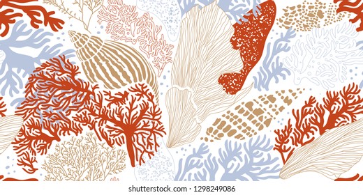 Sea shells, algae and corals. Hand-drawn seamless pattern. Vector illustration for printing, fabric, textile, manufacturing, wallpapers. Sea bottom.