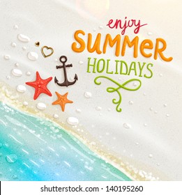 Sea shells, anchor, hearts and starfish on the beach. Sand as background for summer design. Calligraphic design element. Vector illustration. Summer holidays.