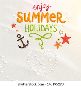 Sea shells, anchor, hearts and starfish on the beach. Sand as background for summer design. Calligraphic design element. Vector illustration. Summer holidays.