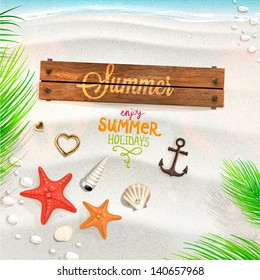 Sea shells, anchor, hearts and starfish on the beach. Sand as background for summer design. Calligraphic design element. Vector illustration. Summer holidays.