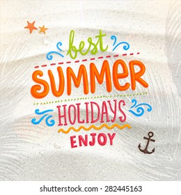 Sea shells, anchor and starfish on the beach. Sand as background for summer design. Calligraphic design element. Vector illustration. Summer holidays. Palm Tree Shadows.