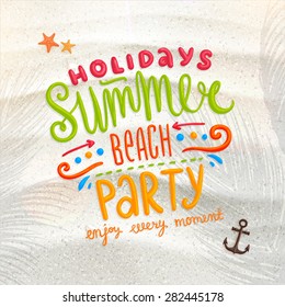 Sea shells, anchor and starfish on the beach. Sand as background for summer design. Calligraphic design element. Vector illustration. Summer holidays. Palm Tree Shadows.