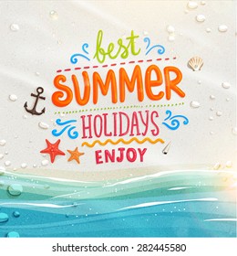 Sea shells, anchor and starfish on the beach. Sand as background for summer design.