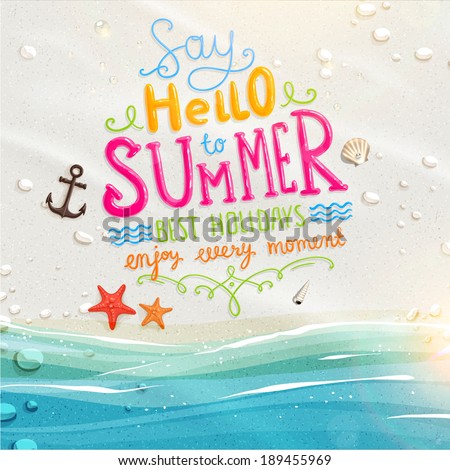 Sea shells, anchor and starfish on the beach. Sand as background for summer design. 