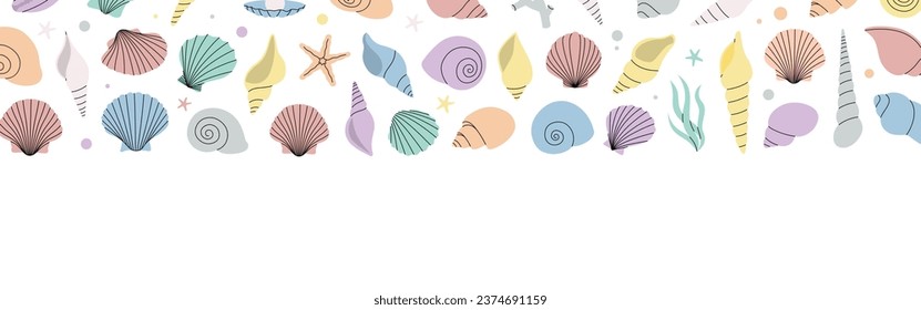 Sea shells banner. Tropical underwater shells horizontal background. Freshwater algae, corals, starfish, mollusks, scallop, pearls.