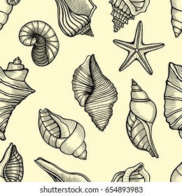 sea shells black and beige seamless vector background