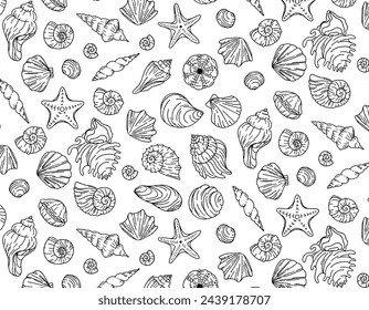 Sea shells black and white seamless vector background. Vector graphics for textile print, paper