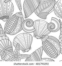 Sea shells. Black and white seamless pattern for coloring book