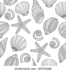 Sea shells. Black and white seamless pattern for coloring book,