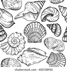 sea shells black and white seamless vector background