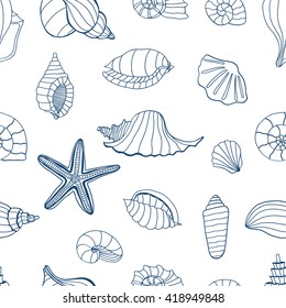 Sea shells. Blue and white seamless pattern for coloring book