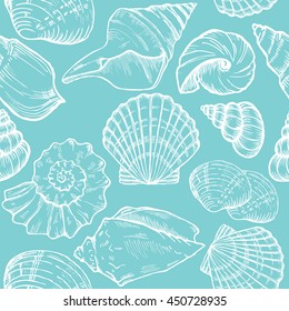 sea shells blue and white seamless vector background