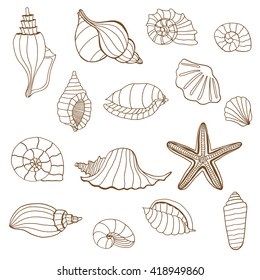 Sea shells. Brown and white seamless pattern for coloring book