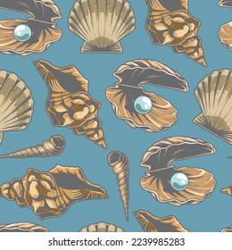 Sea shells colorful pattern seamless stunning underwater world with shells with pearls or shelled for little ones vector illustration