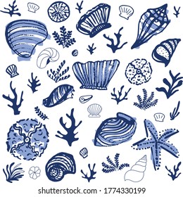 sea shells, coral and seaweed. Hand-drawn illustration with painterly style. Vector illustration for printing, fabric, textile, manufacturing, wallpapers.