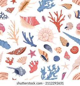 Sea shells, corals and conches pattern. Seamless marine background with seashells, mollusks, scallops, shellfishes and starfishes. Endless repeating print for decor. Colored drawn vector illustration